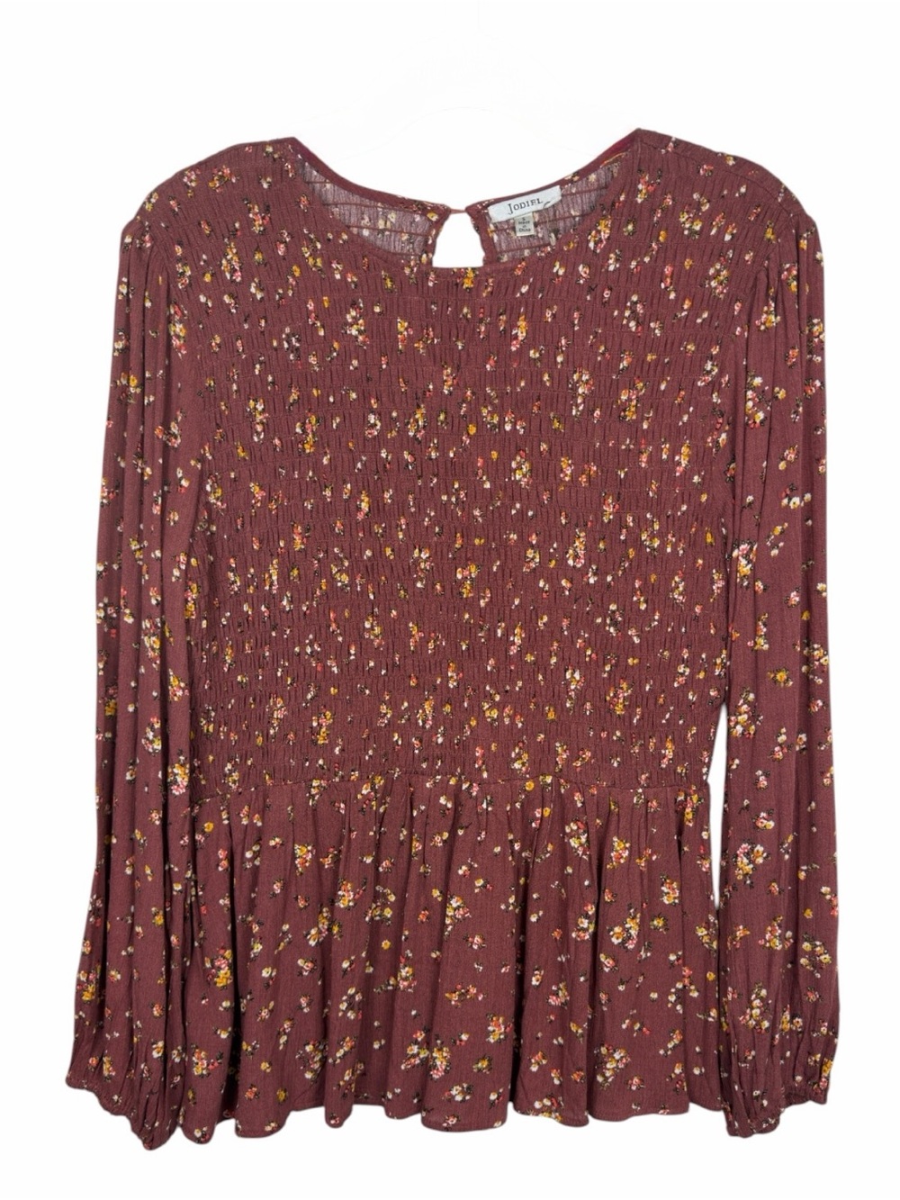 JODIFL NWT Women’s Long Sleeve Ditsy Floral Peplum Blouse In Brown Size Small.